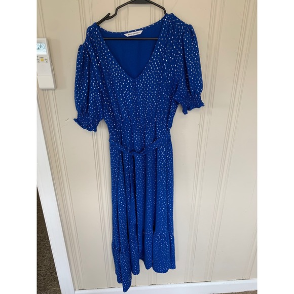 Emily Daniels Dresses & Skirts - Womens Blue Polka Dot Midi Dress Puff Sleeve Tie Waist Career Casual